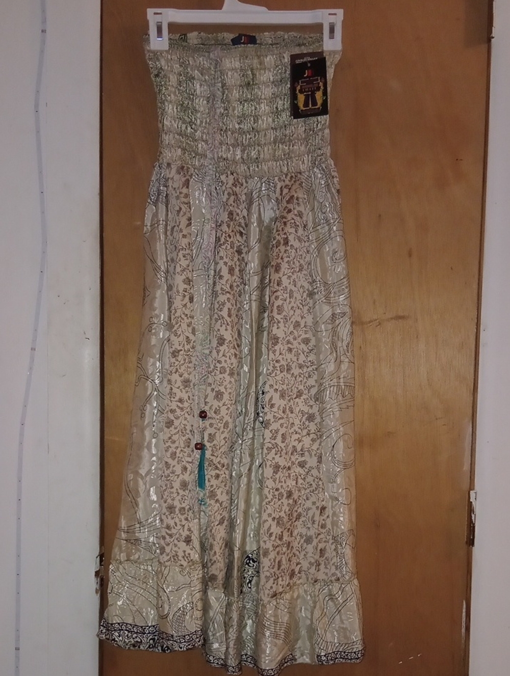 Junglee Billee Boho Strapless Maxi Dress - Cream with Green Accents Size Free